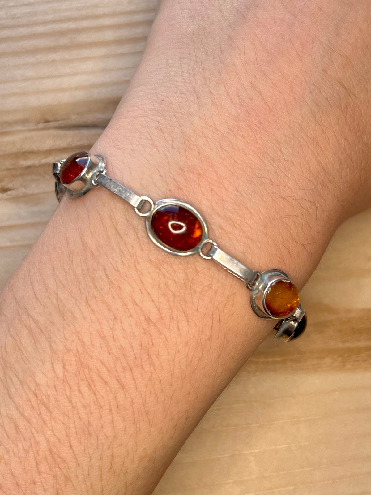 Oval Amber Link 925 Sterling Silver 7.5 Inch Bracelet