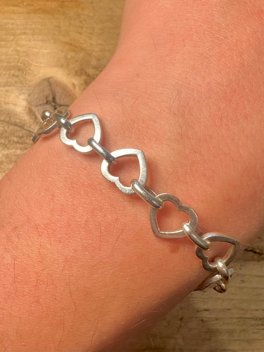Vintage Heart Link 925 Silver 7.4 inch Bracelet