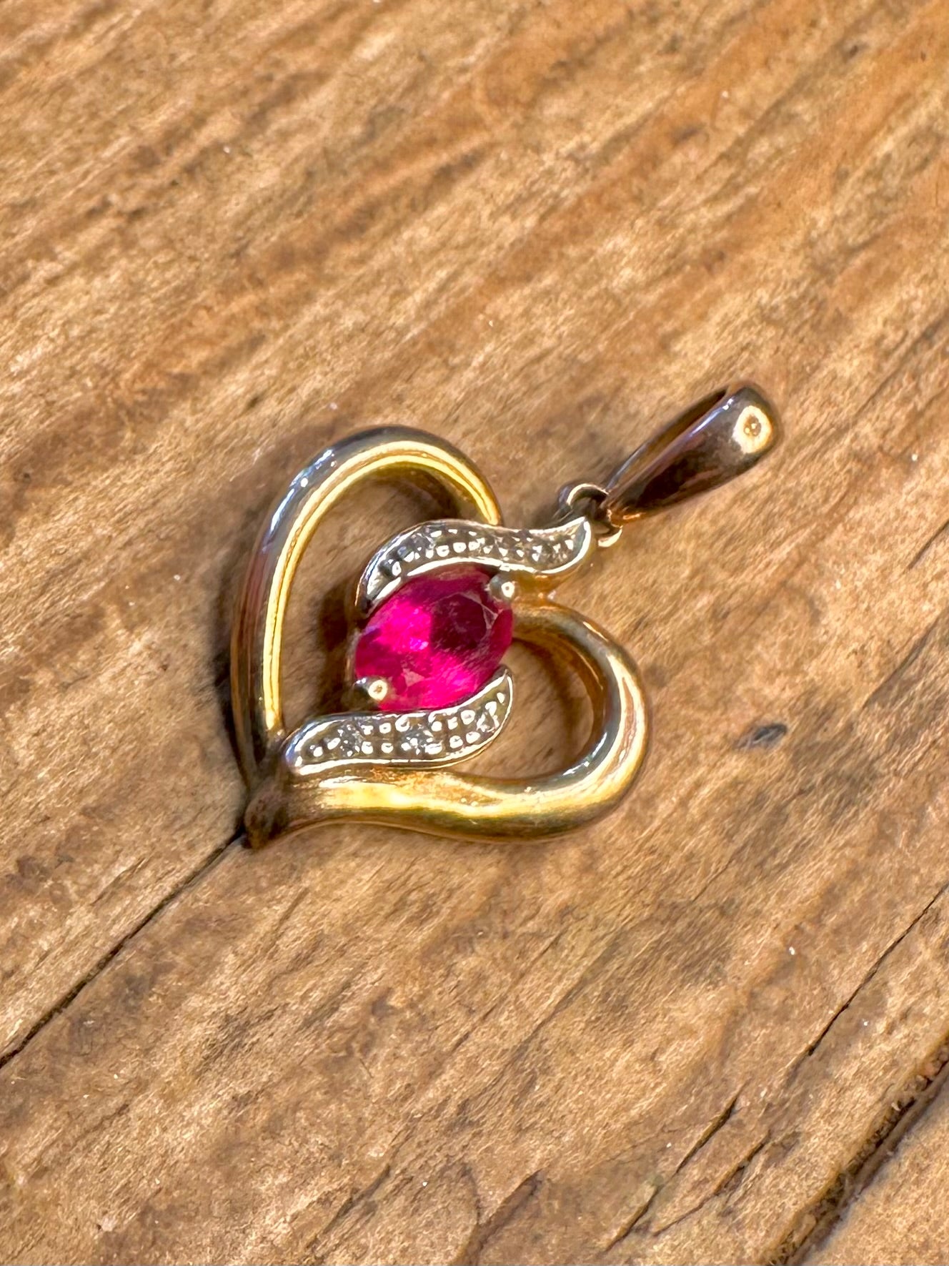 Heart Red Stone and CZ Gold on 925 Sterling Silver Pendant