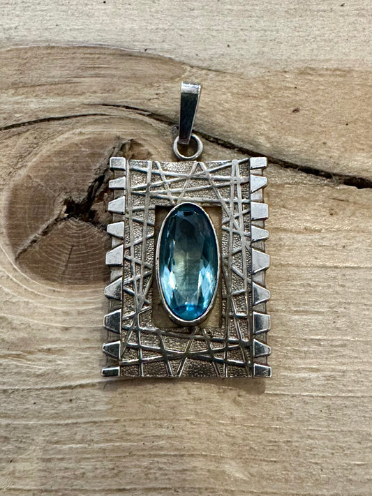 Abstract Vintage Blue Stone Textured Rectangle 925 Silver Pendant