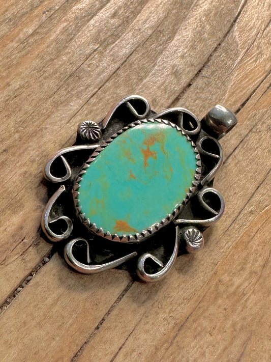 Vintage Navajo Polished Turquoise 925 Sterling Silver Pendant