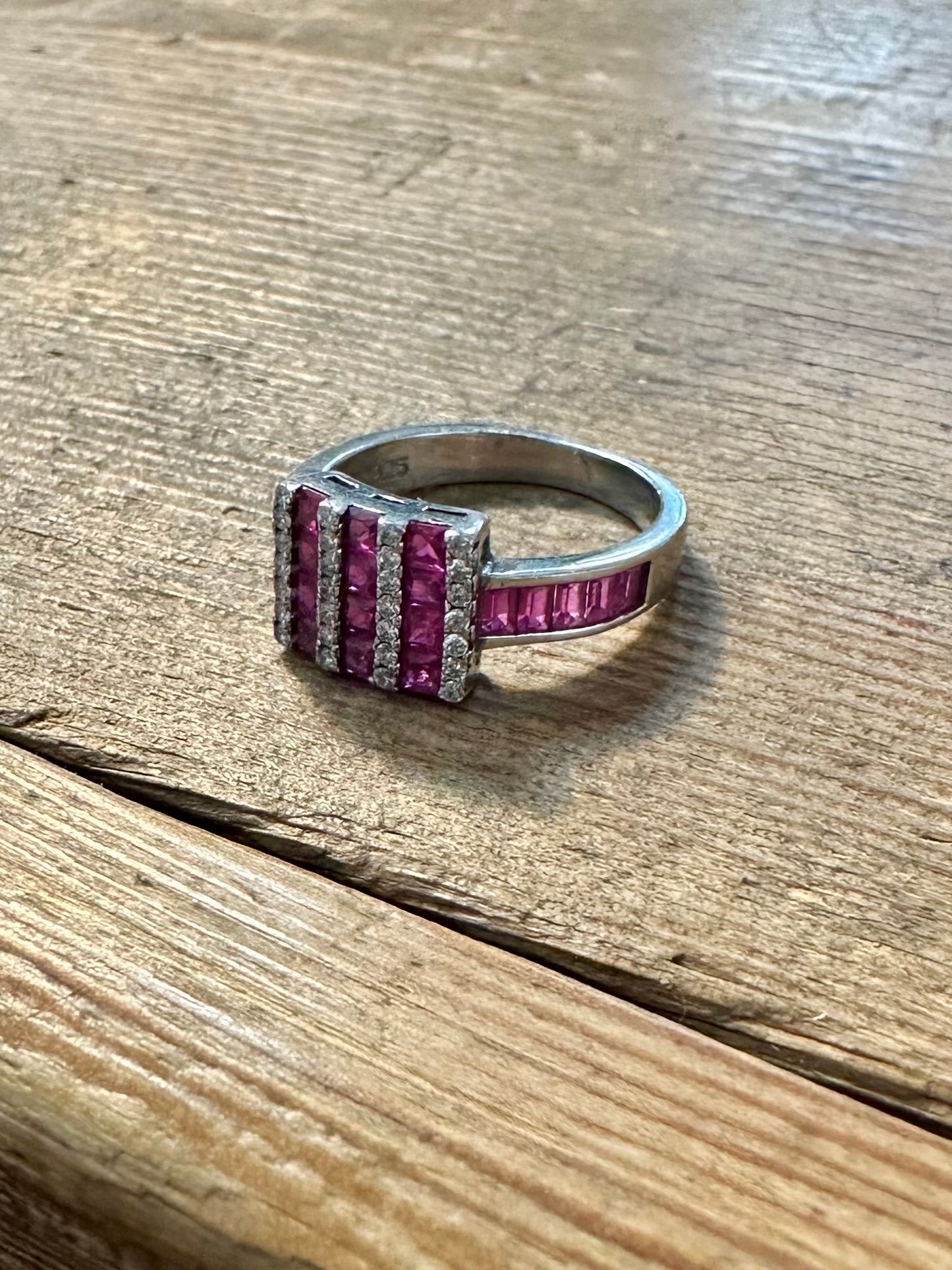 Modernist Pink and White CZ Rectangle 925 Silver Size L Ring