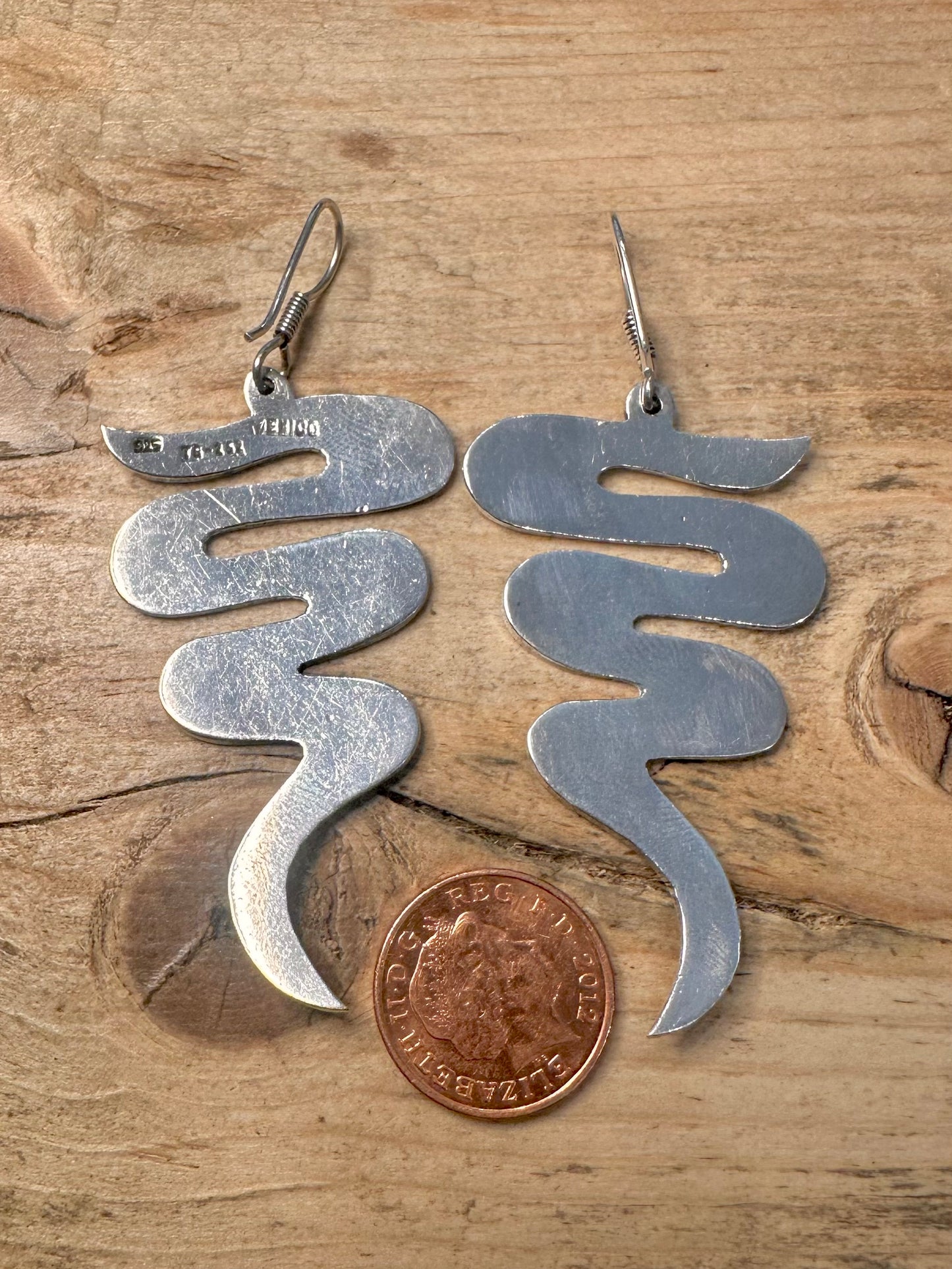 Vintage Turquoise Inlay Zig Zag 925 Silver Mexico Earrings