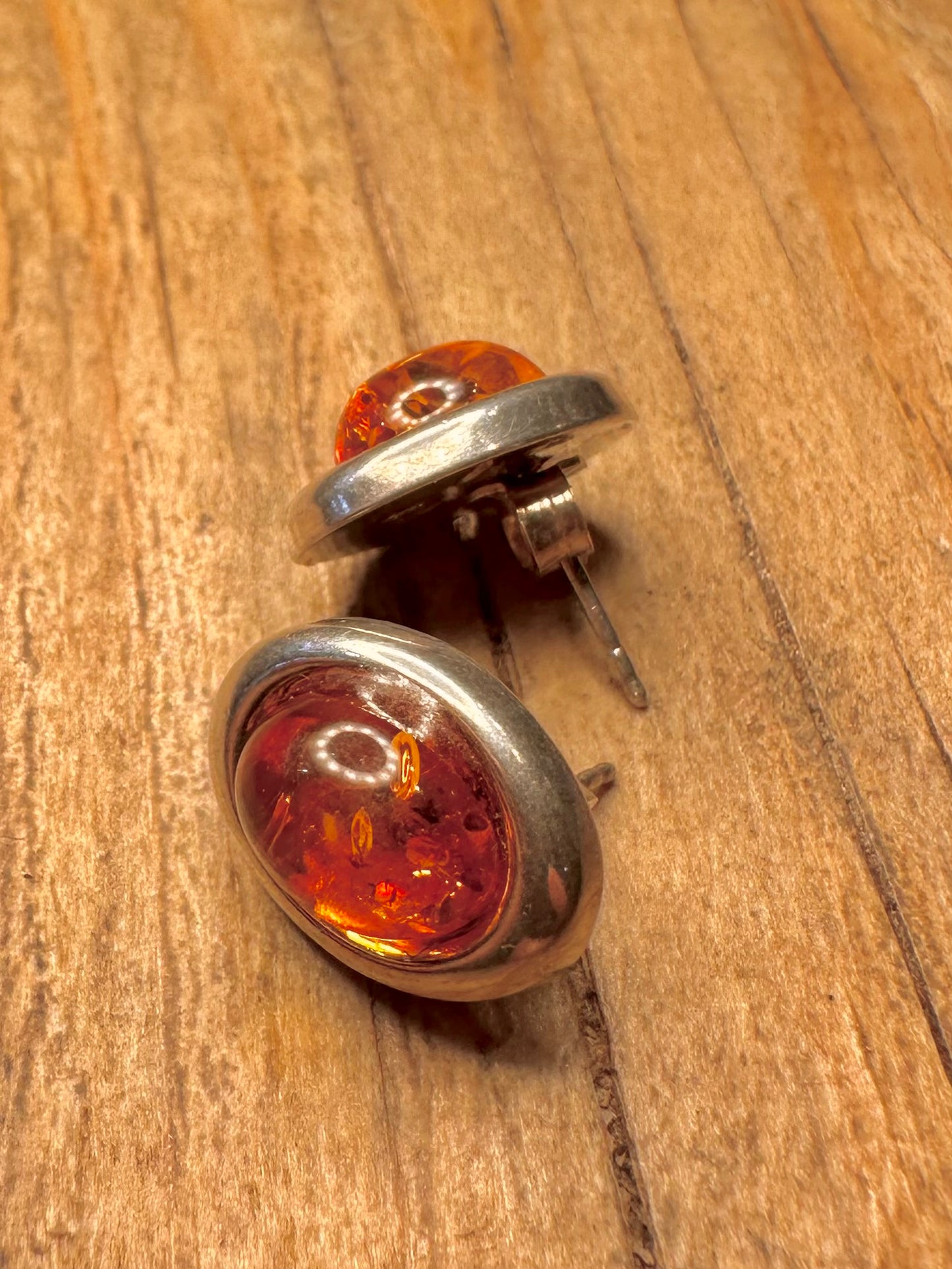 Vintage Amber Oval Stud 925 Sterling Silver Earrings