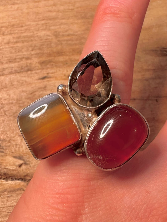 Abstract Carnelian Smokey Quarts and Banded Agate 925 Silver Size M1/2 Ring