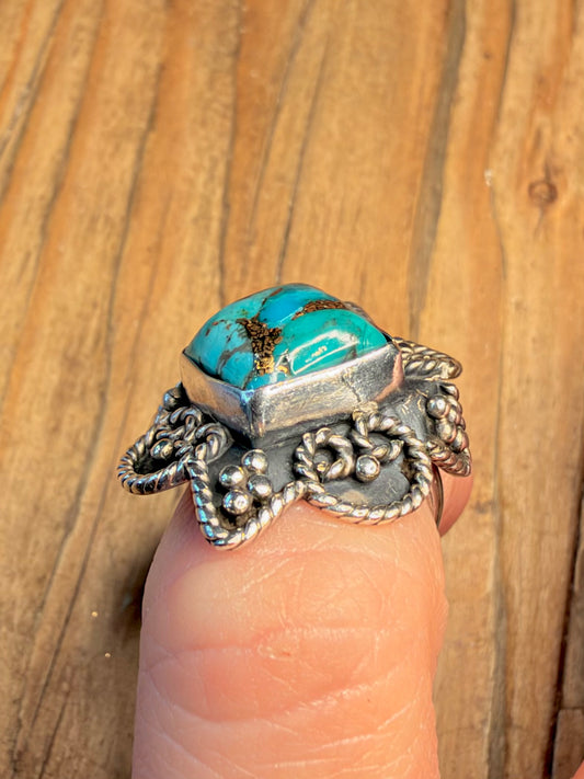 Ornate Turquoise Rope Beaded Border 925 Sterling Silver Size F1/2 Ring