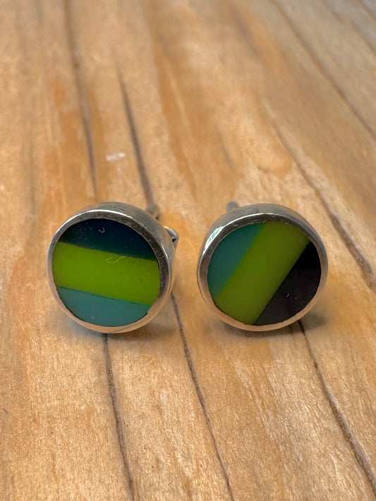 Abstract Blue Black Green Stud 925 Silver Earrings