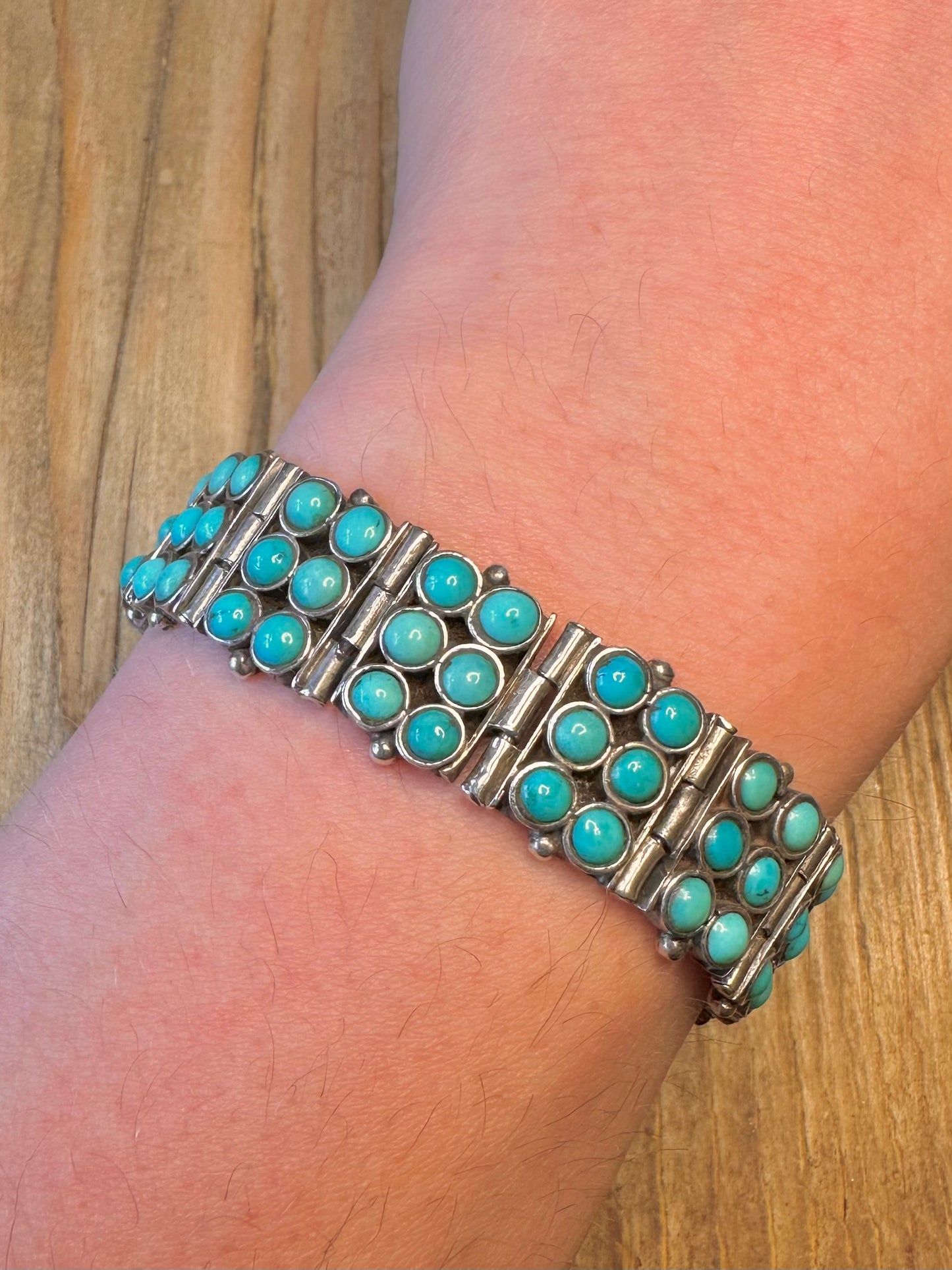 Native American Style Turquoise Three Row 925 Sterling Silver 7.2 inch Bracelet
