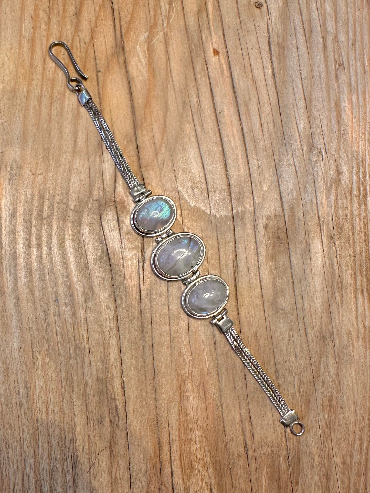 Vintage Moonstone Woven Link 925 Sterling Silver 7.1 inch Bracelet