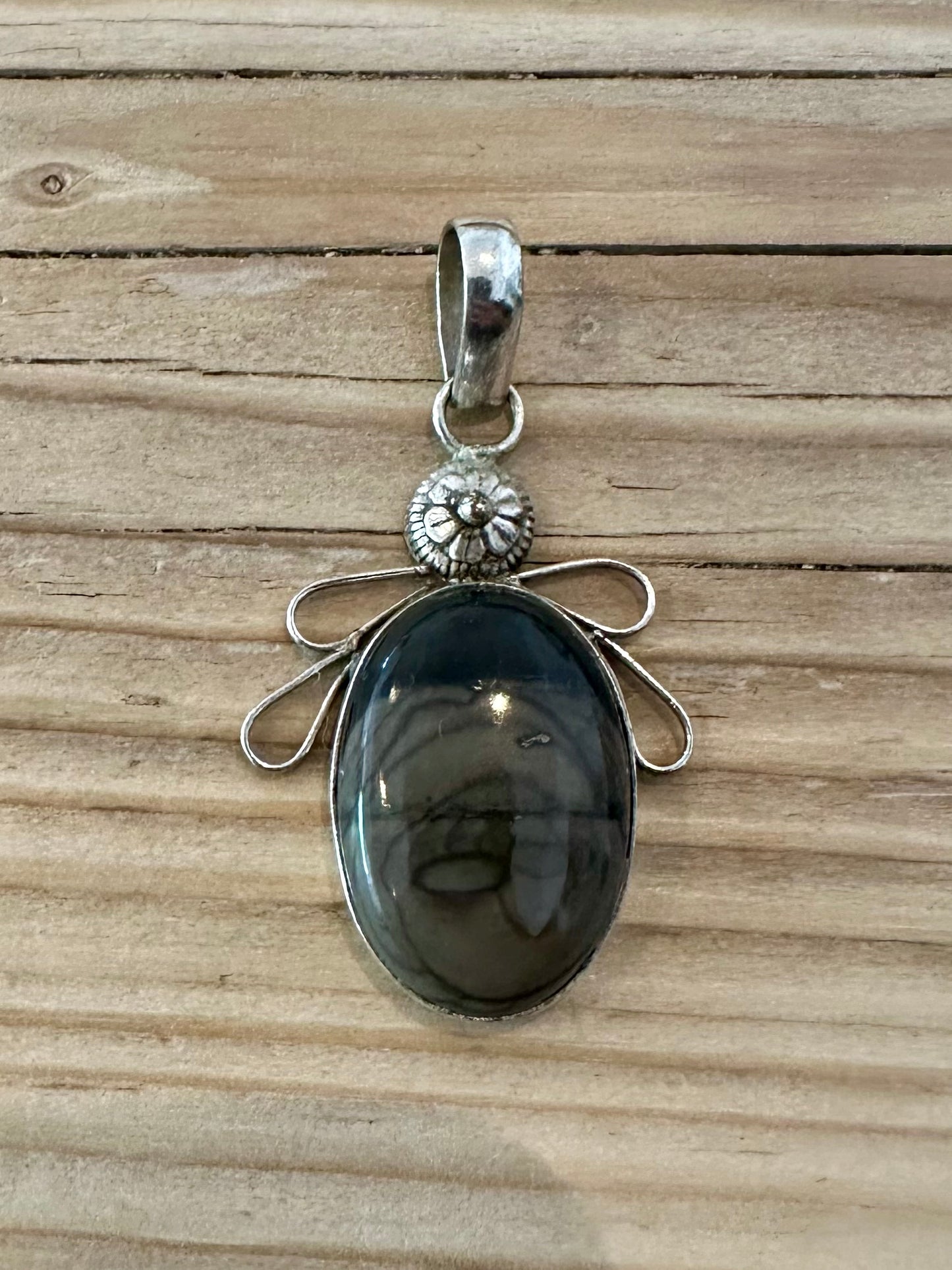 Vintage Black Agate Flower 925 Silver Pendant