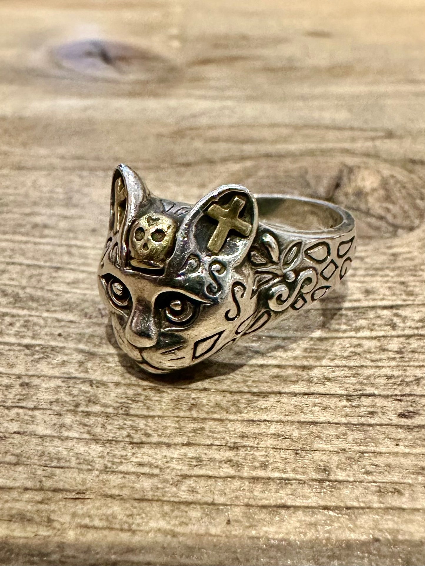 Vintage Cat Head Gold and 925 Silver Size O Adjustable Ring