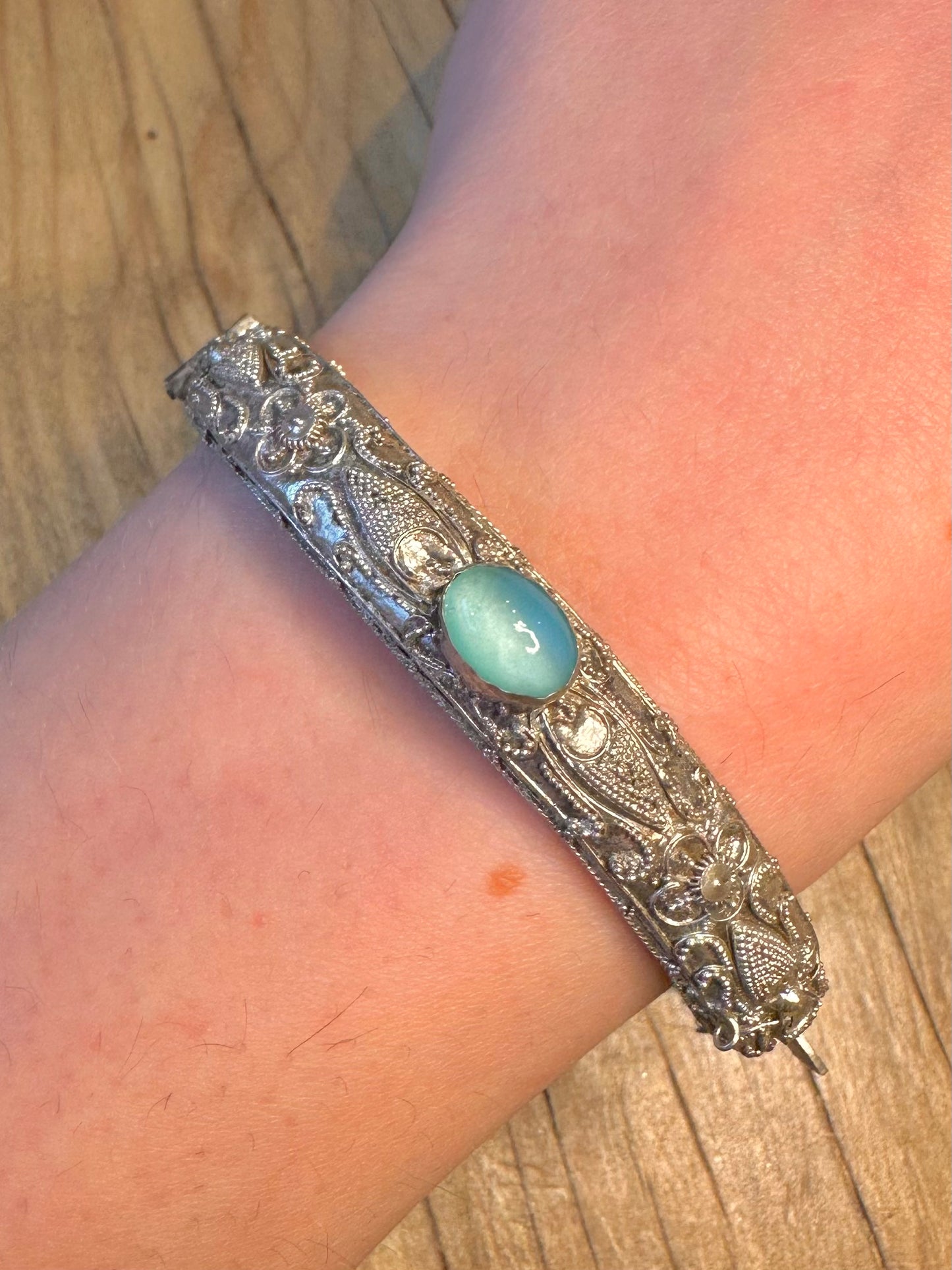 Vintage Dragon Filigree Blue Stone Nepalese Silver Hinged Bangle