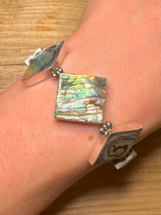 Modernist Abalone Diamond Shaped 925 Sterling Silver 7.4 to 7.8 inch Bracelet