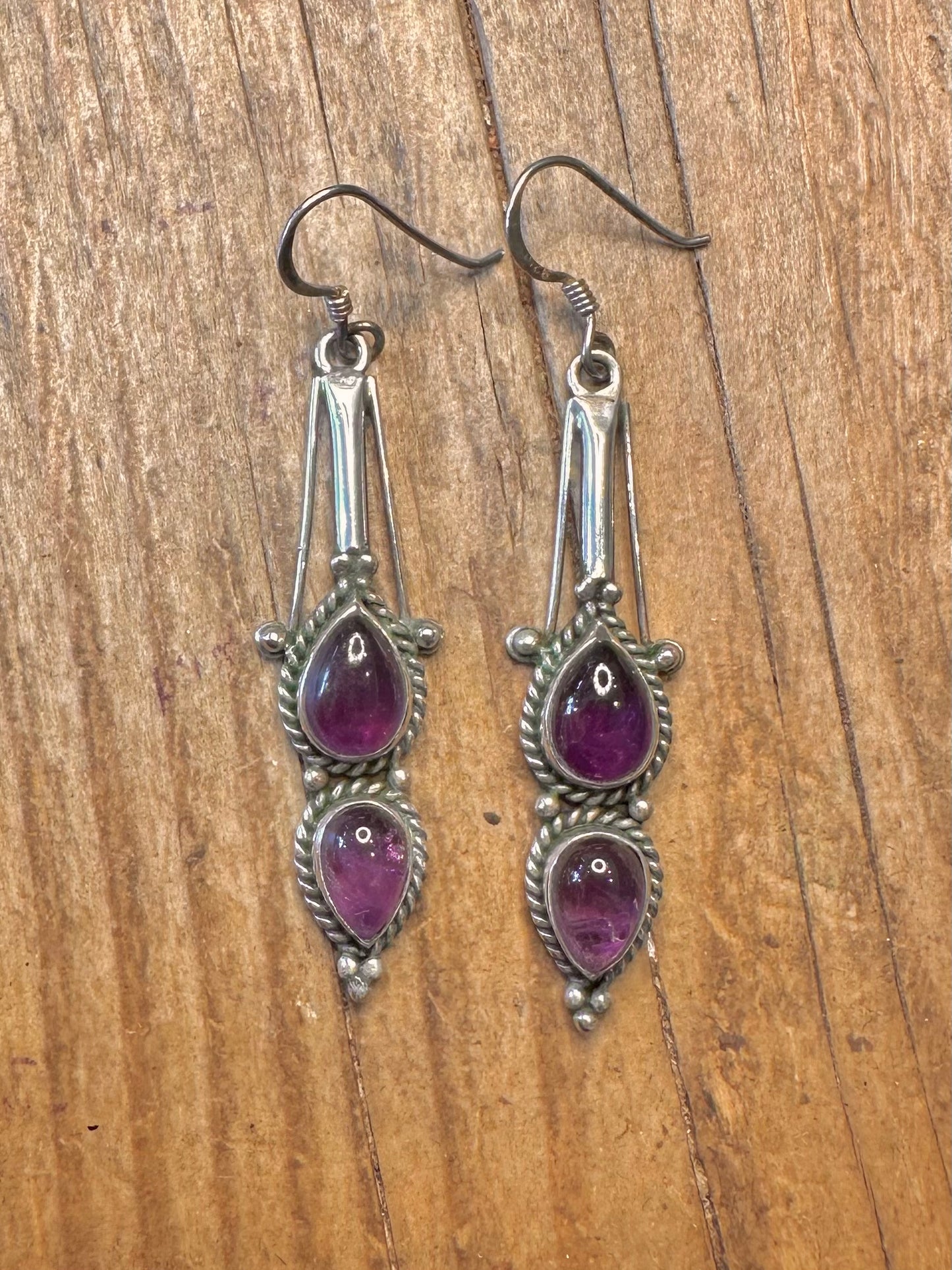 Amethyst Pear Shaped Dangle Tribal 925 Sterling Silver Earrings