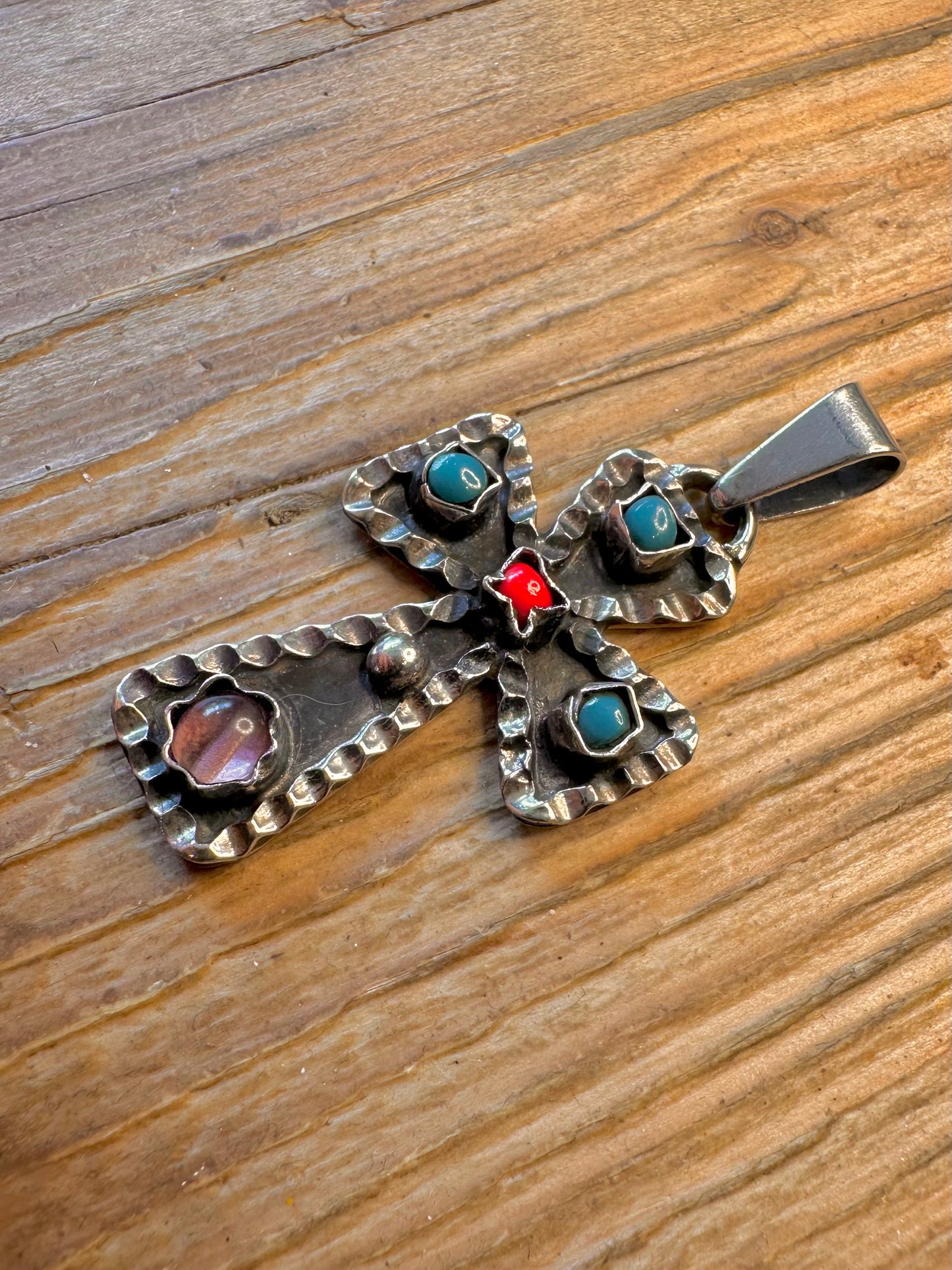 Turquoise Coral Amethyst 1994 Cross 925 Sterling Silver Pendant