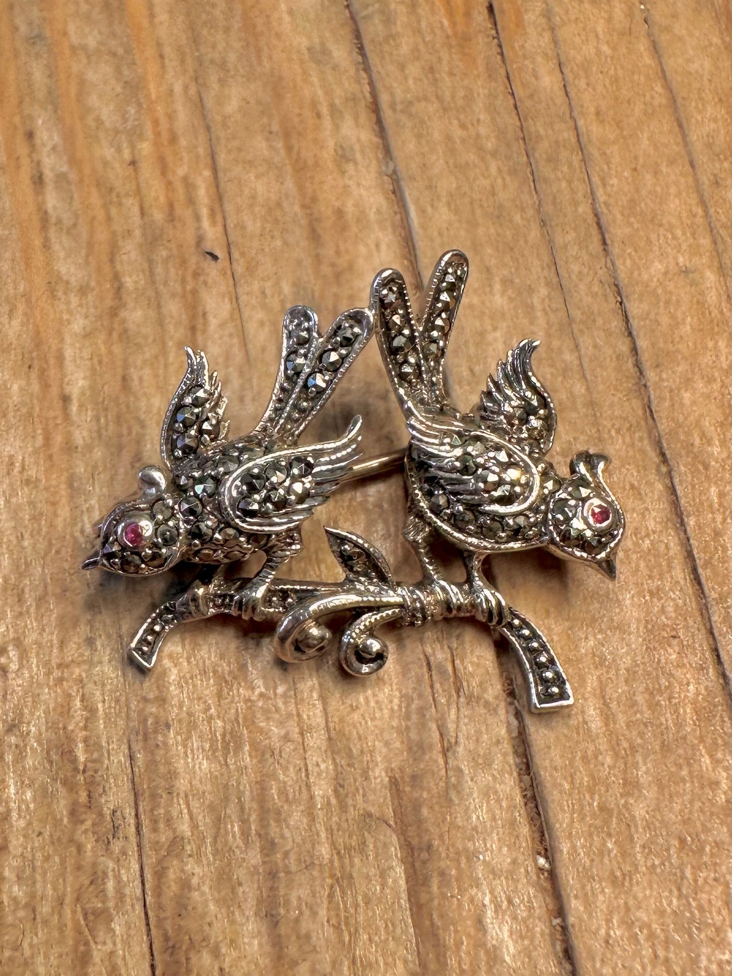 Vintage Two Bird and Branch Marcasite and Red Stone 925 Sterling Silver Brooch