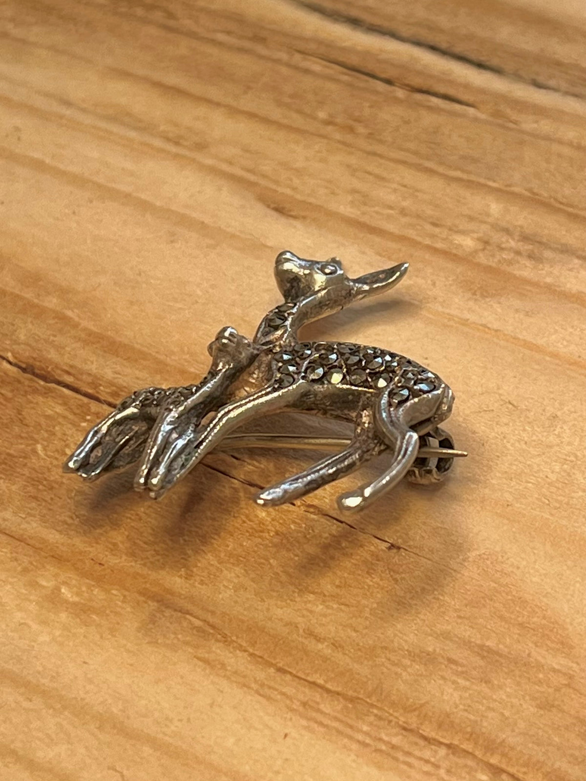 Deer and Faun Marcasite 925 Sterling Silver Brooch