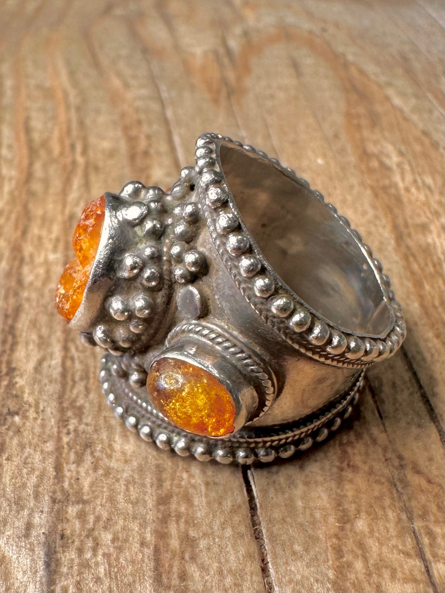 Vintage Raw Amber Bohemian Chunky 925 Sterling Silver Size N Ring