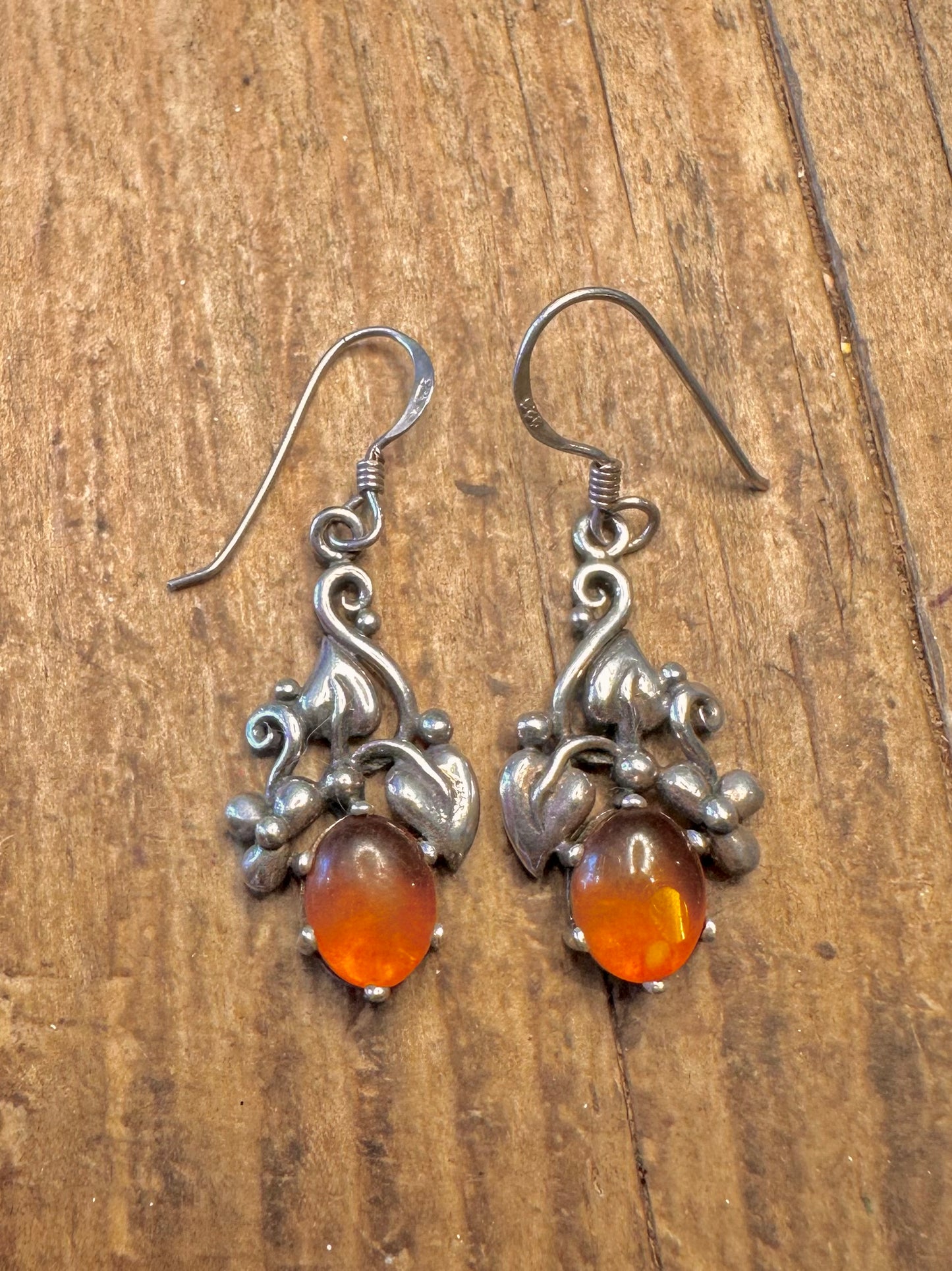 Art Deco Style Amber Leaf Design 925 Sterling Silver Earrings
