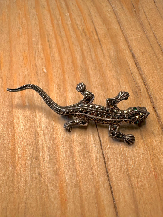 Vintage Lizard Marcasite and Green Stone Eyes 925 Sterling Silver Brooch