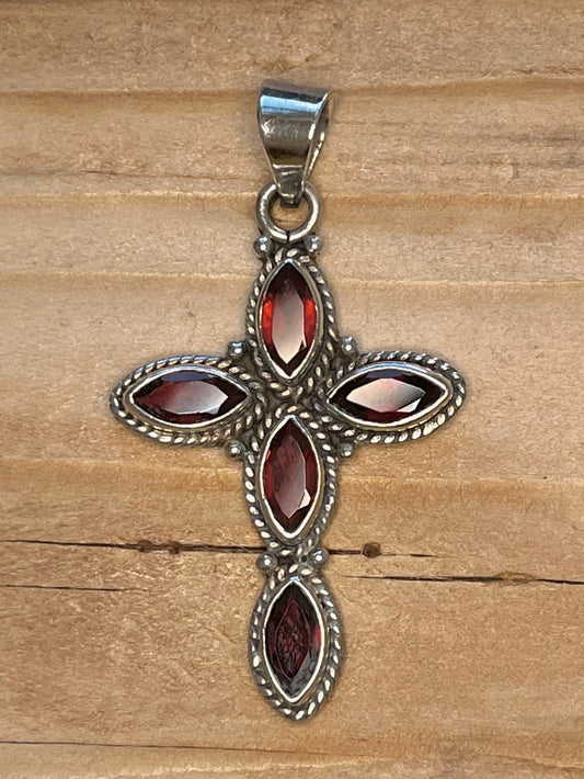 Garnet Cross 925 Sterling Silver Pendant