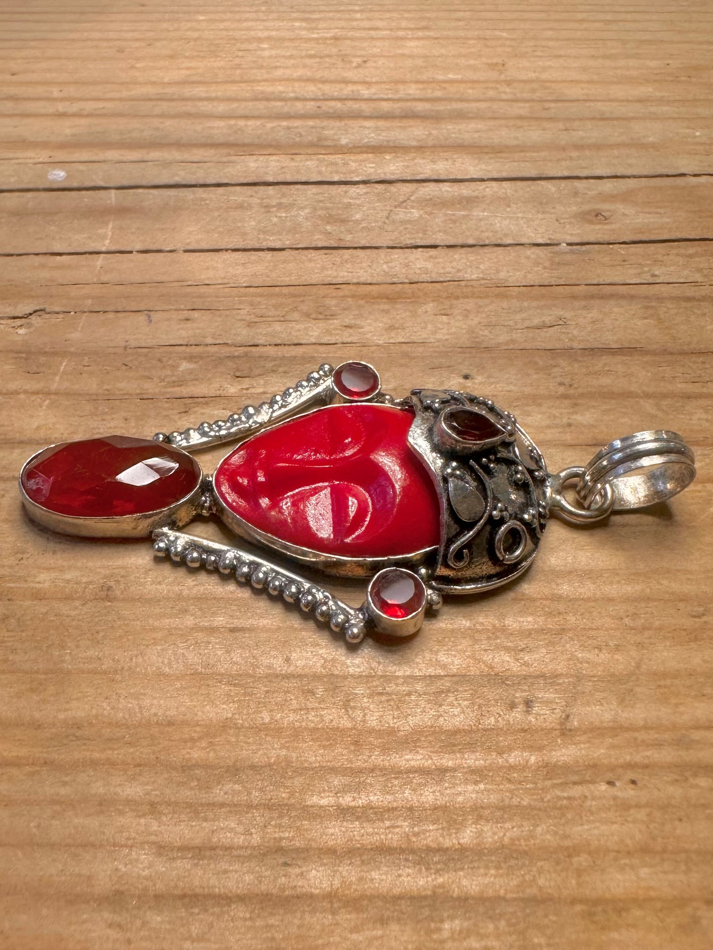 Vintage Bali Moon Goddess Red Stone 925 Sterling Silver Pendant