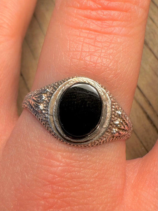 Vintage Onyx Textured Signet 925 Sterling Silver Size W1/2 Ring