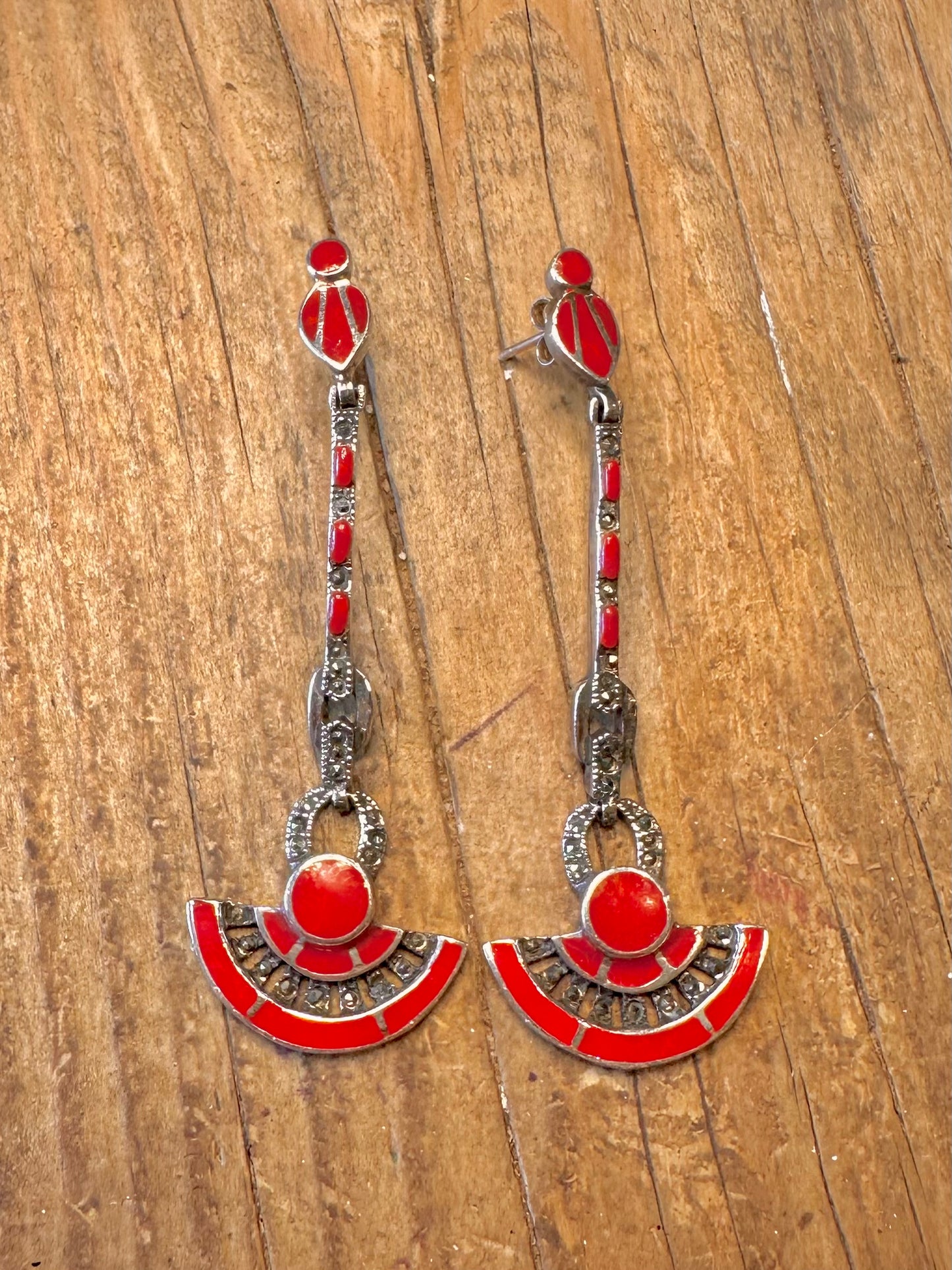 Stunning Art Deco Style Red Coral and Marcasite 925 Sterling Silver Earrings