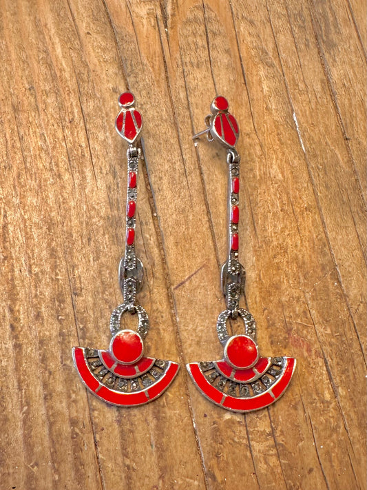 Stunning Art Deco Style Red Coral and Marcasite 925 Sterling Silver Earrings