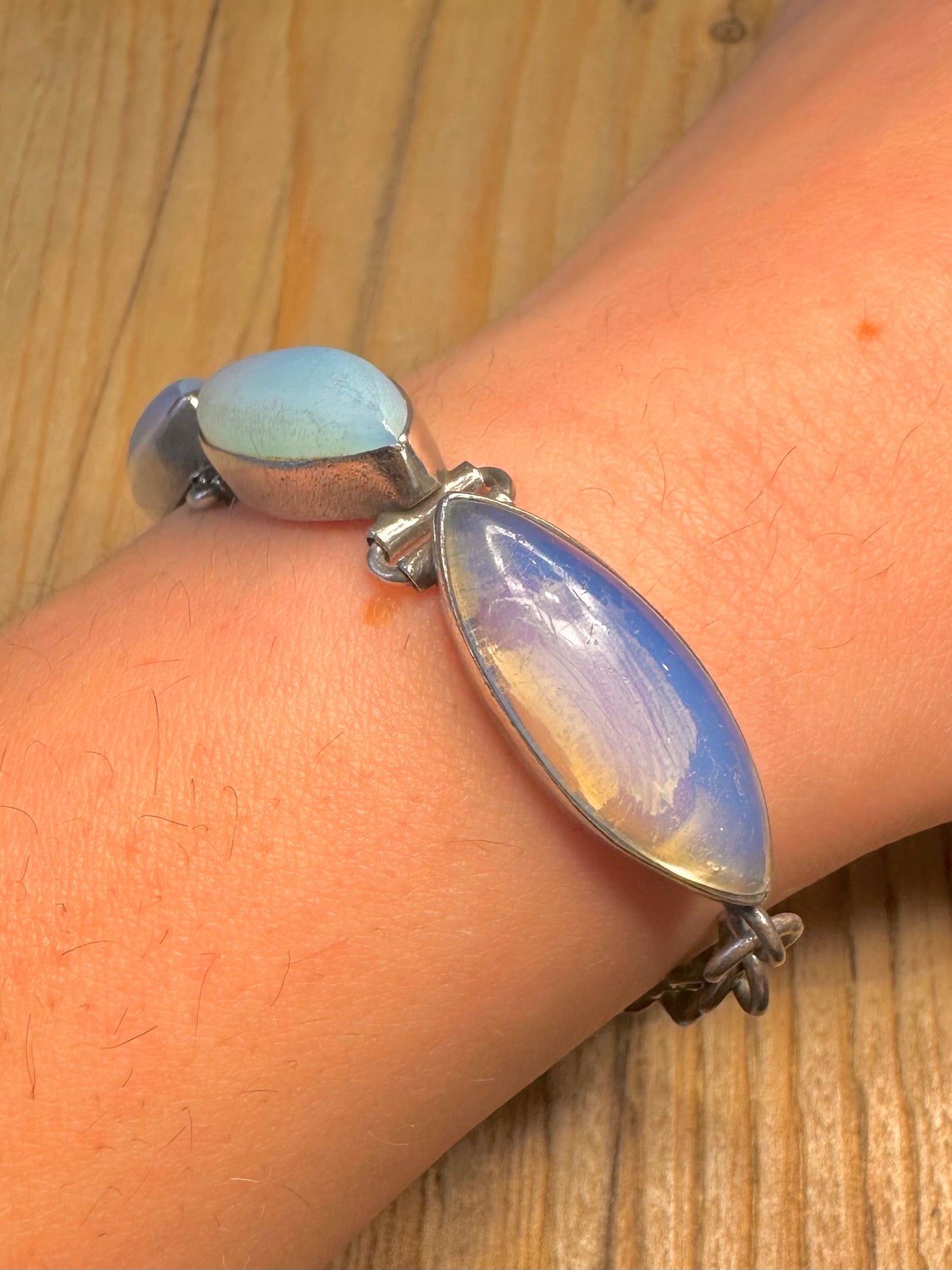 Vintage Opalite Long Oval 925 Sterling Silver 6.5 to 7.5 inch Bracelet