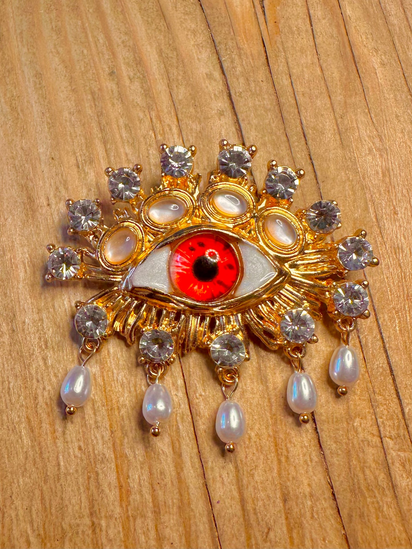 Vintage Rhinestone Eye and Pearl Gold Tone Costume Brooch
