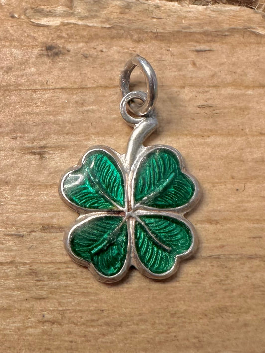 Vintage Green Enamel Four Leaf Clover 925 Silver Pendant