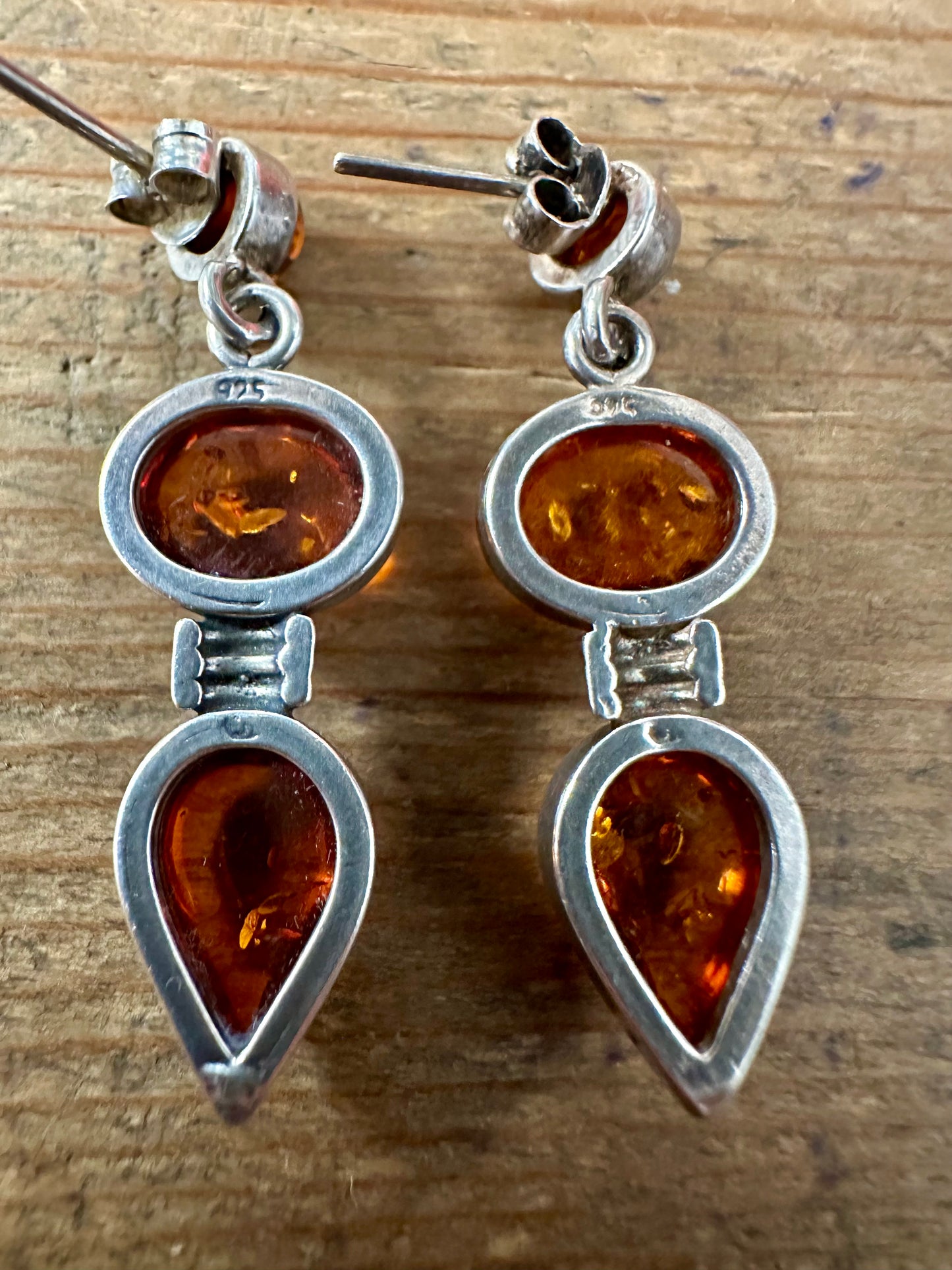 Vintage Amber Dangle 925 Silver Earrings