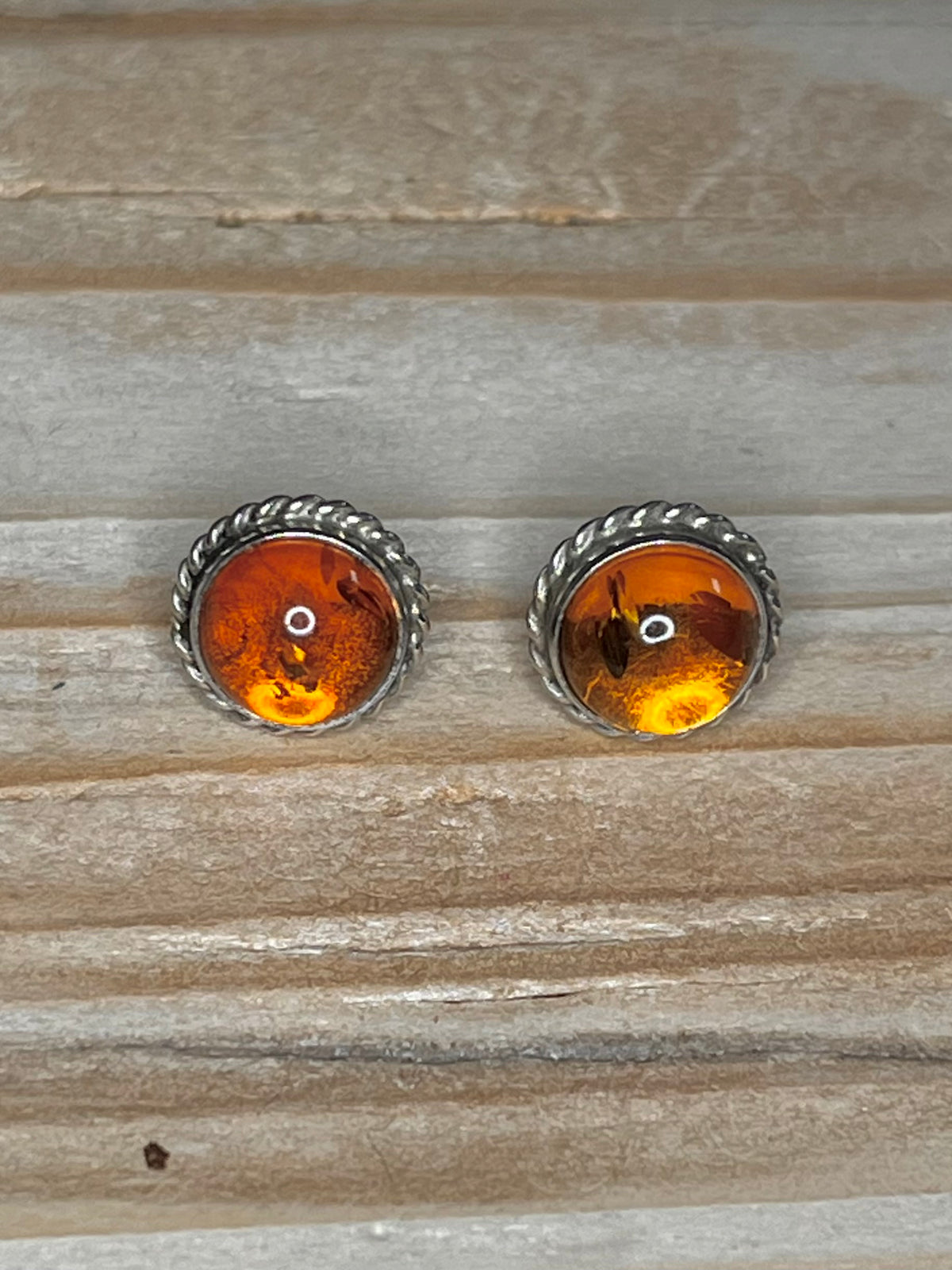 Small Circle Amber Beaded Border 925 Sterling Silver Stud Earrings