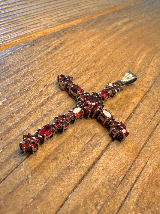 Garnet Large Cross 925 Sterling Silver Pendant