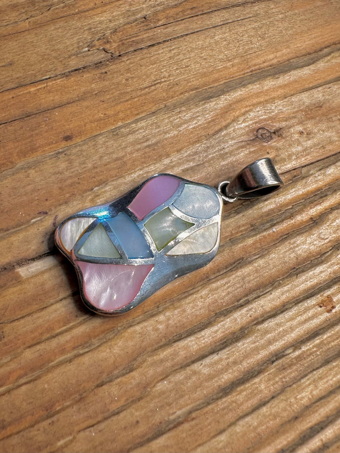 Abstract Multi Coloured Mother of Pearl 925 Sterling Silver Pendant
