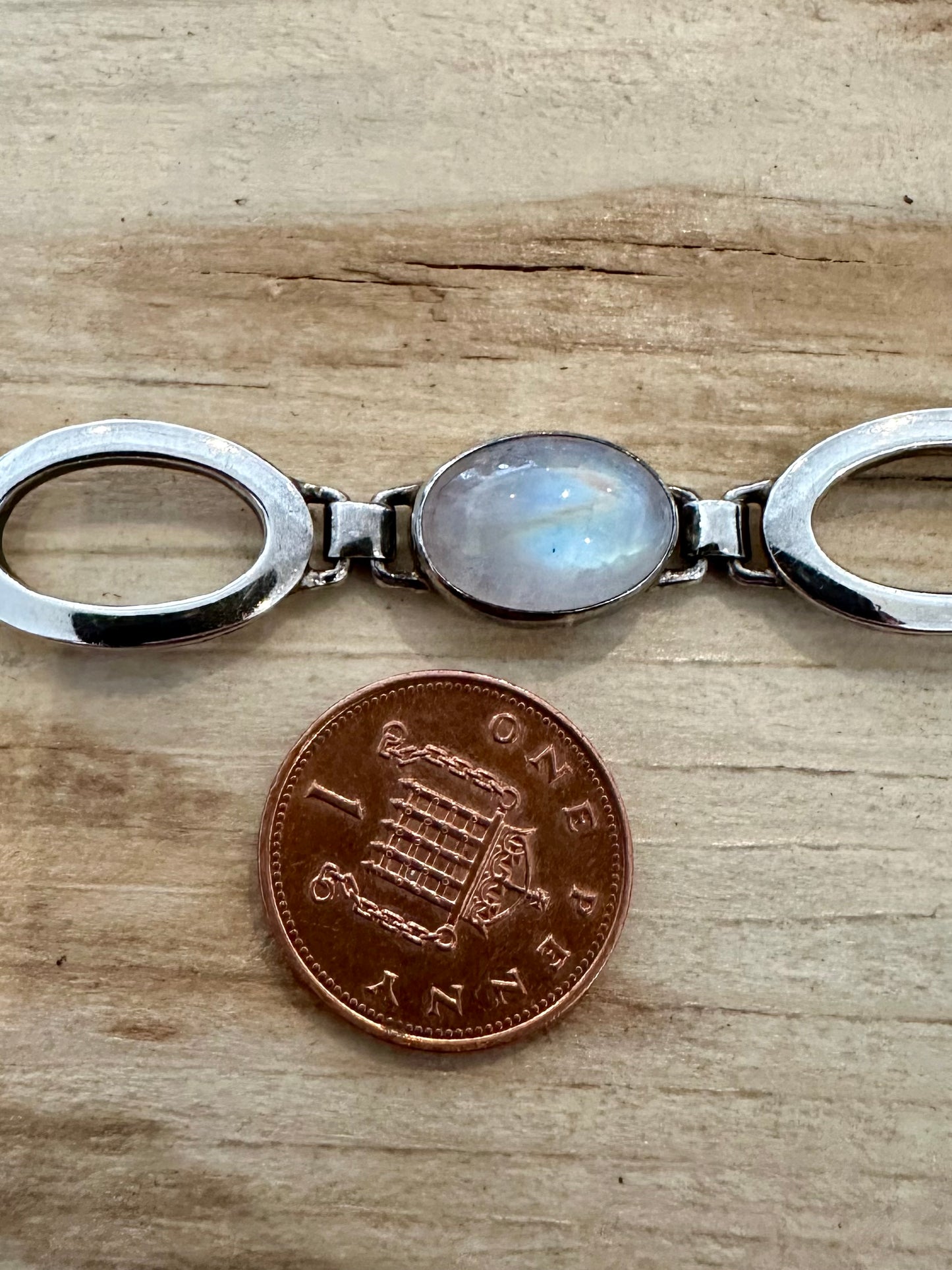 Abstract Moonstone Oval T Bar Clasp Nepal 925 Silver 7.5 inch Bracelet