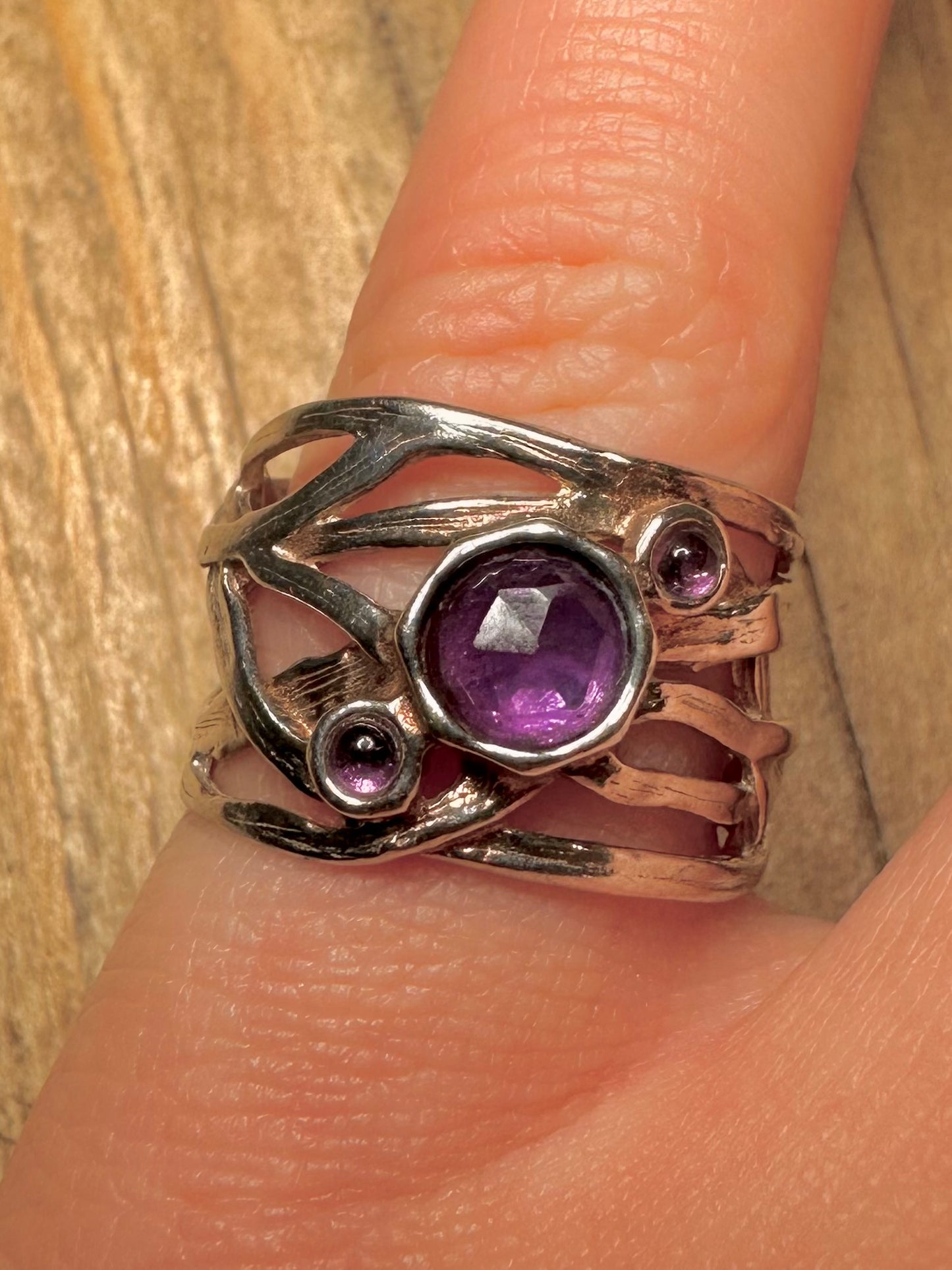 Abstract Layer Amethyst 925 Sterling Silver Size O Ring