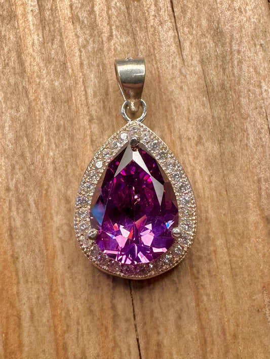Modern Purple and White CZ Pear Shaped 925 Sterling Silver Pendant