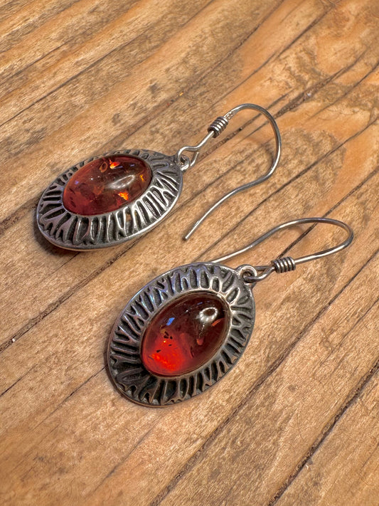Oval Amber Textured 925 Sterling Silver Earrings