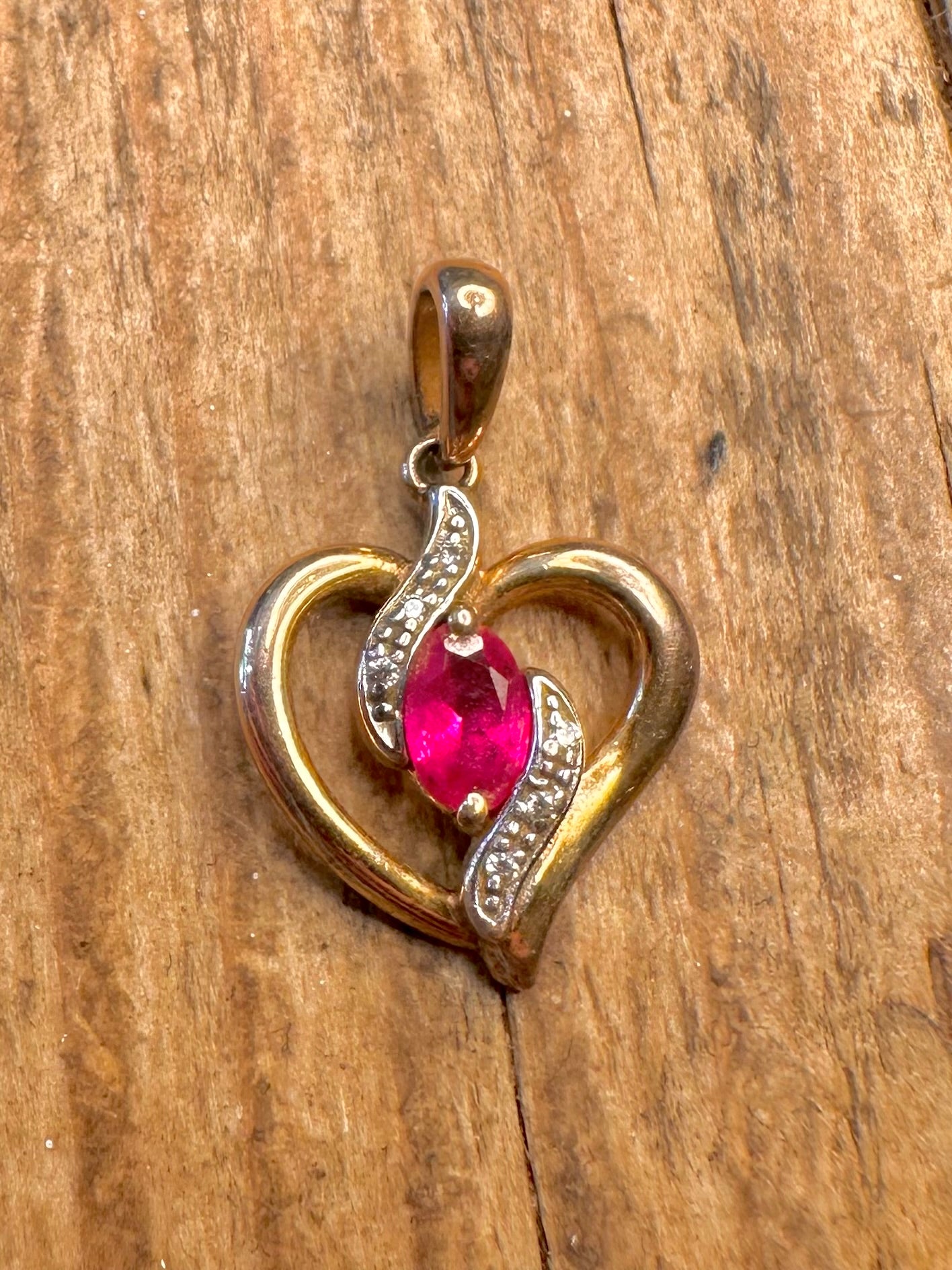 Heart Red Stone and CZ Gold on 925 Sterling Silver Pendant
