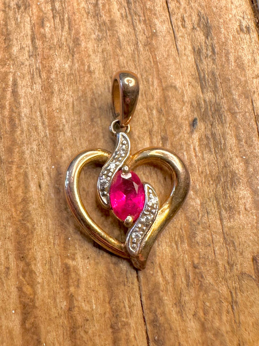 Heart Red Stone and CZ Gold on 925 Sterling Silver Pendant