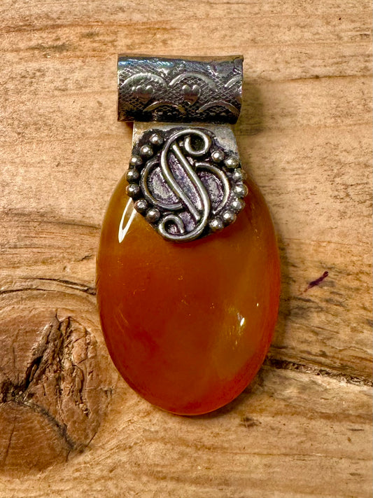 Vintage Orange Banded Agate Boho 925 Silver Pendant