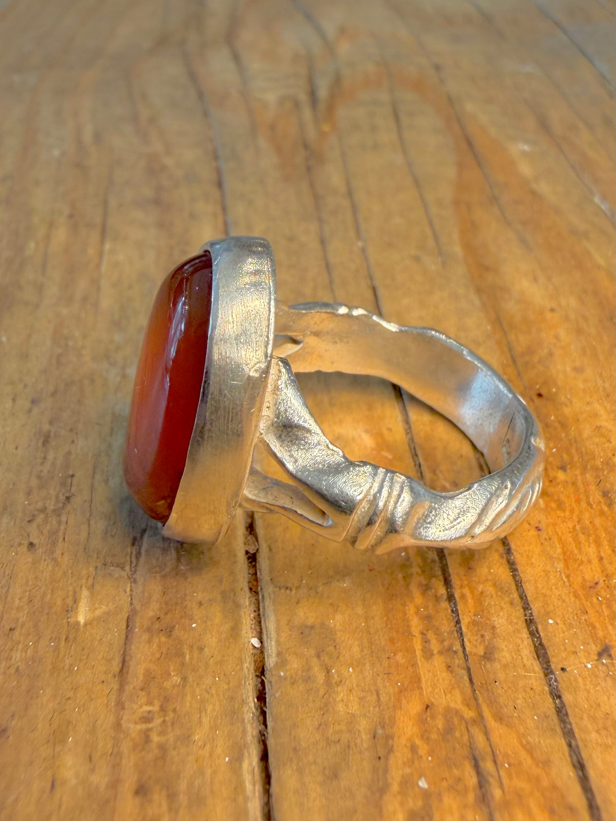 Carnelian Oval Leaf Design Band 925 Sterling Silver Size N Ring