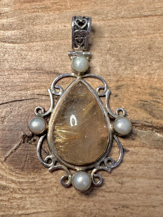 Vintage Golden Rutile Quarts and Pearl 925 Silver Pendant