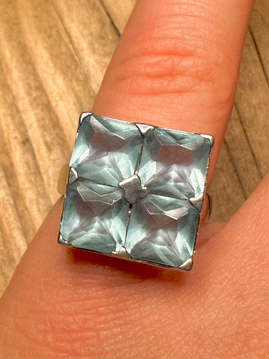 Vintage Blue Stone Square 925 Sterling Silver Size O Ring