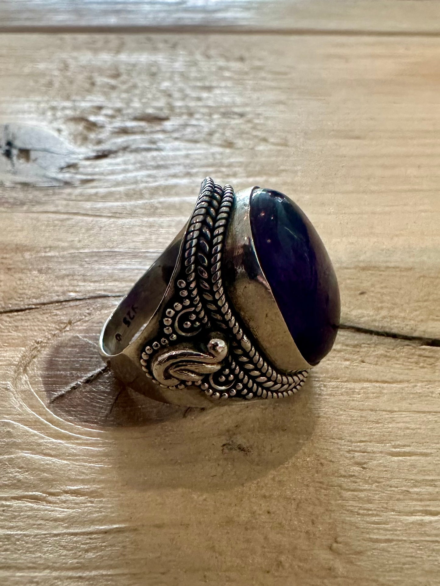 Vintage Tribal Amethyst 925 Silver Size N Ring