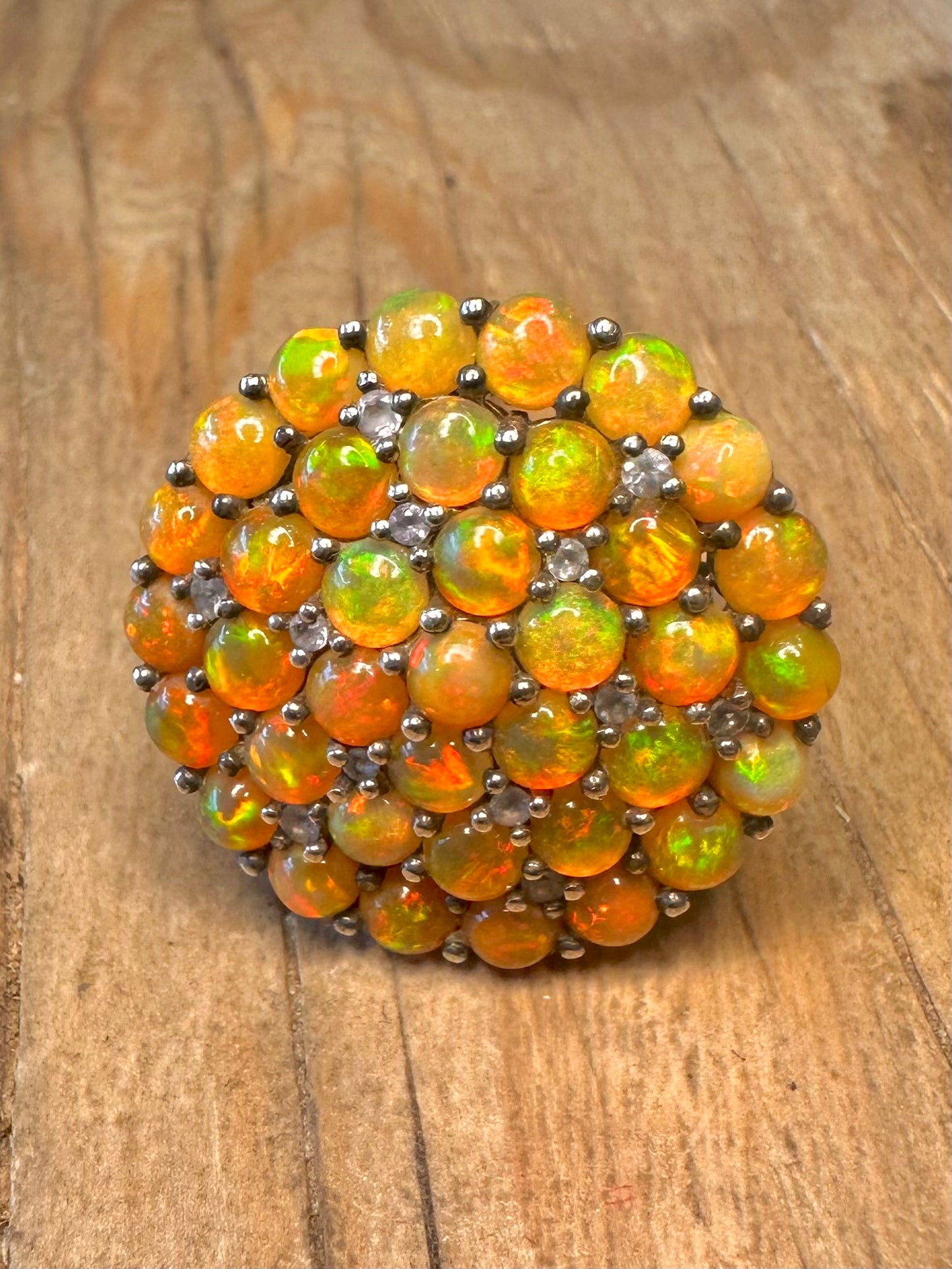 Abstract Large Opal Cluster and White Stone 925 Sterling Silver Size T Ring