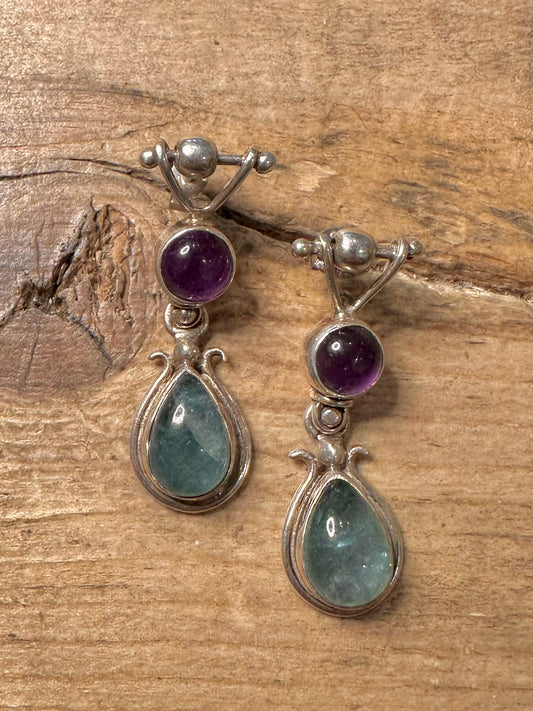 Abstract Amethyst and Blue Stone 925 Silver Earrings