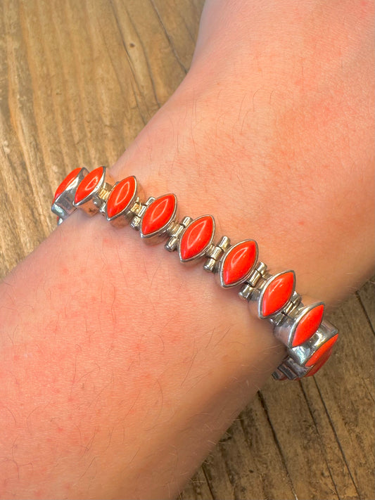 Coral Diamond Shaped Link 925 Sterling Silver 7.5 to 8.5 inch Bracelet